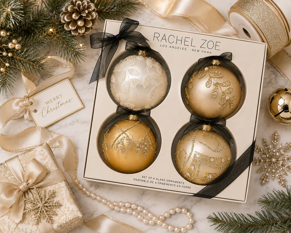 Rachel Zoe Set of 4 Luxury Glass Christmas Ornaments NIB